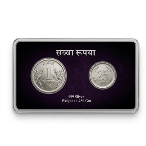 Authentic sava rupya silver coin set displaying a hand-crafted 1 Rupee and 25 Paise coin, securely placed in a premium blue display card.