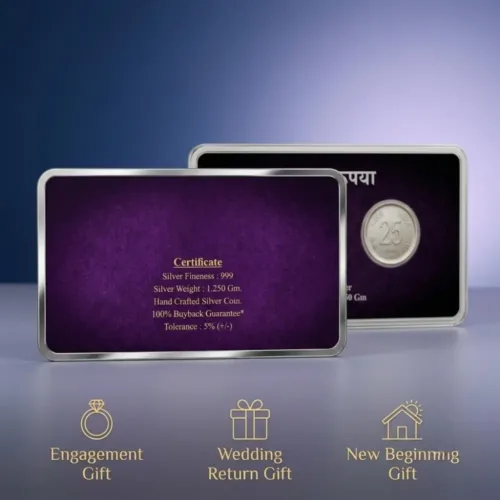 Back of the silver shagun coin gift card showing the printed Certificate of Silver Fineness, 1.250 gm weight, and 100% Buyback Guarantee.