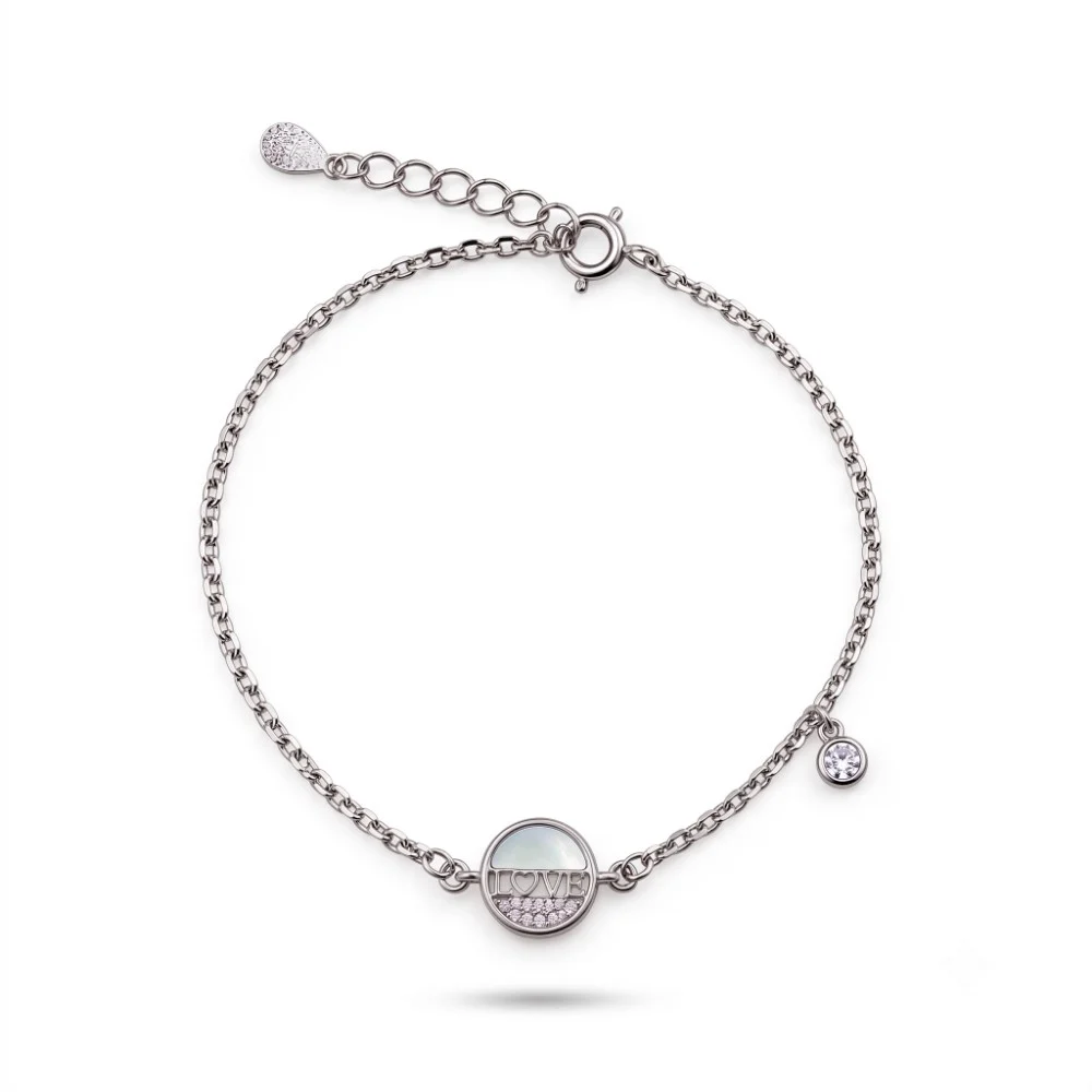 925 Sterling Silver Mother of Pearl Love Bracelet Delicate silver love bracelet for women featuring an authentic mother of pearl centerpiece and subtle cubic zirconia dangling charm.