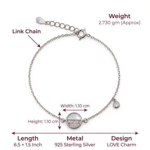 Technical specification infographic for the 925 sterling silver bracelet highlighting its 2.730 gram weight, exact charm dimensions, and 6.5 inch adjustable length.