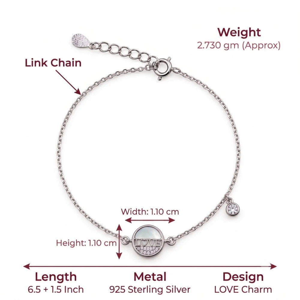 Silver Love Bracelet Dimensions and Weight Details Technical specification infographic for the 925 sterling silver bracelet highlighting its 2.730 gram weight, exact charm dimensions, and 6.5 inch adjustable length.