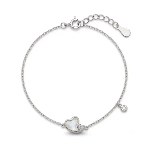 Delicate mother of pearl heart bracelet for women featuring an interlocking design on a clean white background.