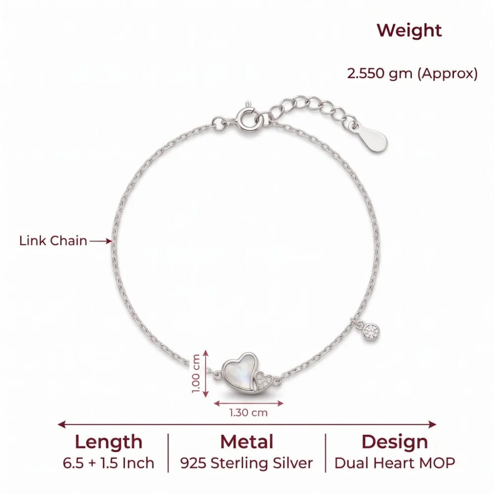 Silver Double Heart Bracelet Dimensions Technical specifications for the silver double heart bracelet highlighting a 2.550 gram weight and 6.5 inch adjustable length.