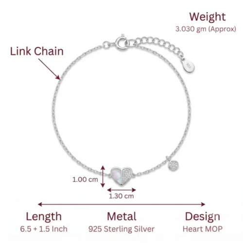 Technical specification infographic for the pure silver heart bracelet detailing its 3.030 gram weight, 6.5-inch length, and exact charm dimensions.