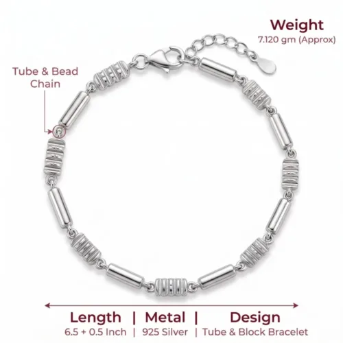 Technical specifications for the durable silver chain bracelet for women, detailing its 7.120 gram weight, 6.5-inch length, and 925 silver metal purity.
