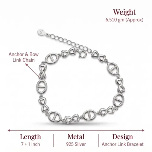 Technical specifications for the silver interlocking link bracelet for women, detailing its 6.510-gram weight, 925 purity, and 7-inch adjustable length.