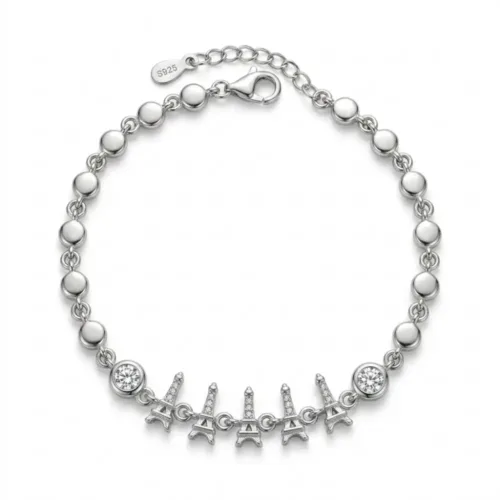 925 sterling silver eiffel tower bracelet featuring a distinctive bubble-link chain and five central charms.