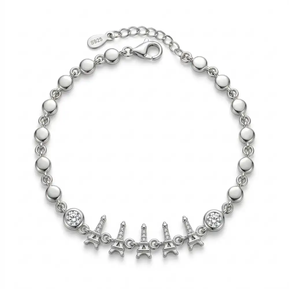 Silver Eiffel Tower Bracelet 925 sterling silver eiffel tower bracelet featuring a distinctive bubble-link chain and five central charms.