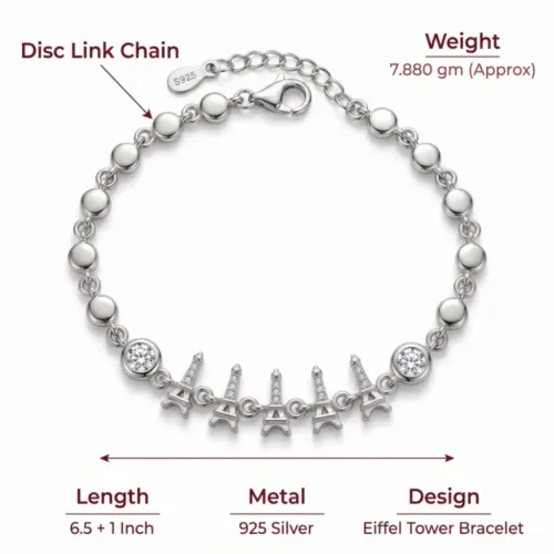 Technical details of the silver charm bracelet with eiffel tower detailing, showing a 7.880 gm approximate weight, disc link chain, and 6.5-inch length with a 1-inch extender.