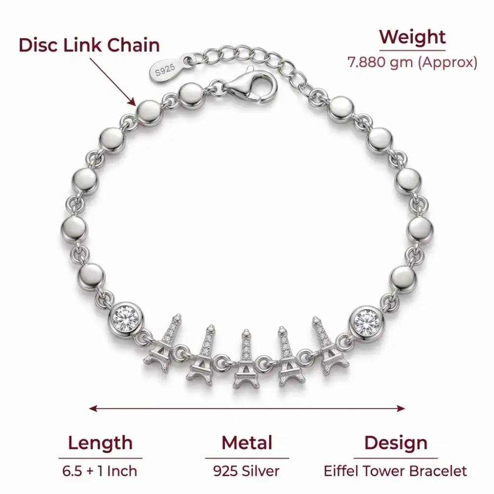 Eiffel Tower Bracelet Specifications Technical details of the silver charm bracelet with eiffel tower detailing, showing a 7.880 gm approximate weight, disc link chain, and 6.5-inch length with a 1-inch extender.