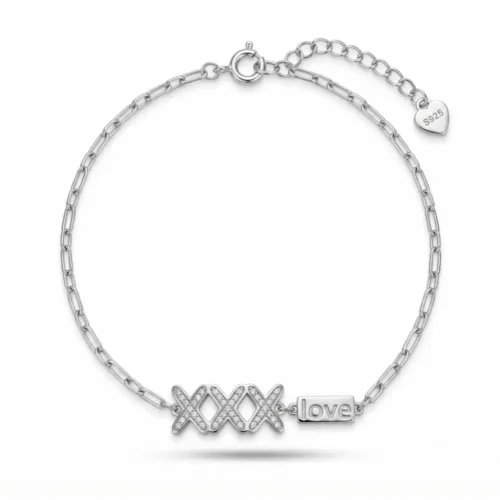 925 sterling silver paperclip chain bracelet for women featuring a sparkling CZ stone XOXO motif and love tag on a clean white background.