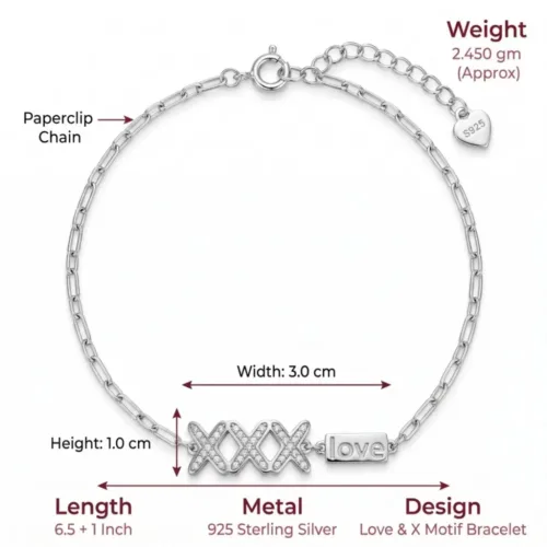 Technical specifications for the silver paperclip chain bracelet, detailing a precise 2.450-gram weight, 925 sterling silver metal, 3.0 cm motif width, and 6.5-inch length with a 1-inch extender.