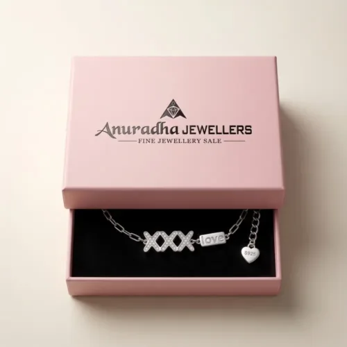 The perfect romantic silver jewelry gift for her, securely packed inside the signature pink Anuradha Jewellers gift box featuring a black velvet interior.