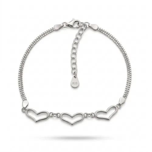925 sterling silver triple heart bracelet featuring a premium double strand design and three delicately linked hollow hearts on a clean background.