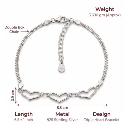 Technical dimensions of the silver triple heart bracelet detailing a 3.690 gm approximate weight, double box chain, 6.5-inch length, and a 5.5 cm wide heart centerpiece.