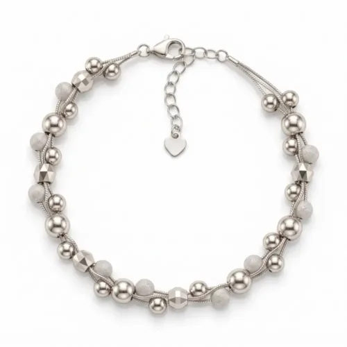 925 sterling silver beaded bracelet for women featuring a three-layer multi-strand design with frosted and polished beads.