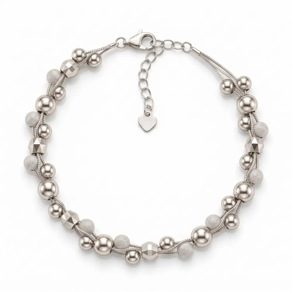 Multi-Strand Silver Beaded Bracelet 925 sterling silver beaded bracelet for women featuring a three-layer multi-strand design with frosted and polished beads.