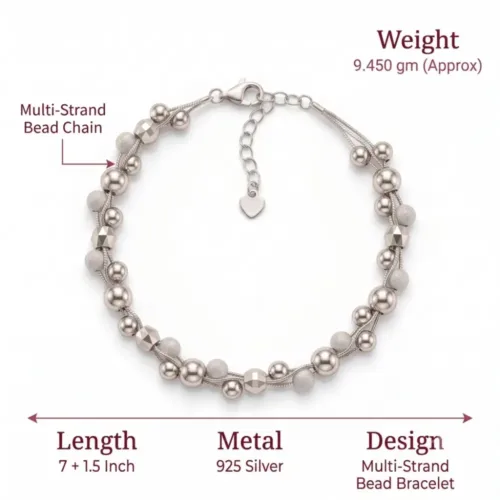 Technical specifications for the silver beaded bracelet for women, detailing its exact 9.450-gram weight, 925 purity, and 7-inch adjustable length.
