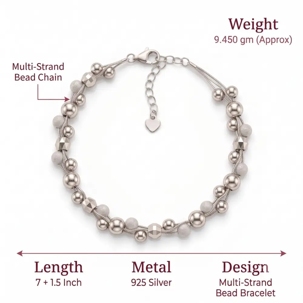 Silver Beaded Bracelet Specifications Technical specifications for the silver beaded bracelet for women, detailing its exact 9.450-gram weight, 925 purity, and 7-inch adjustable length.