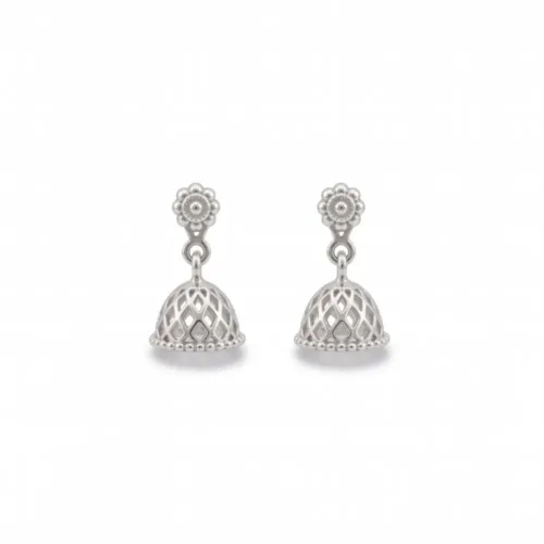 Small silver jhumka earrings in 925 sterling silver with jaali dome and floral stud