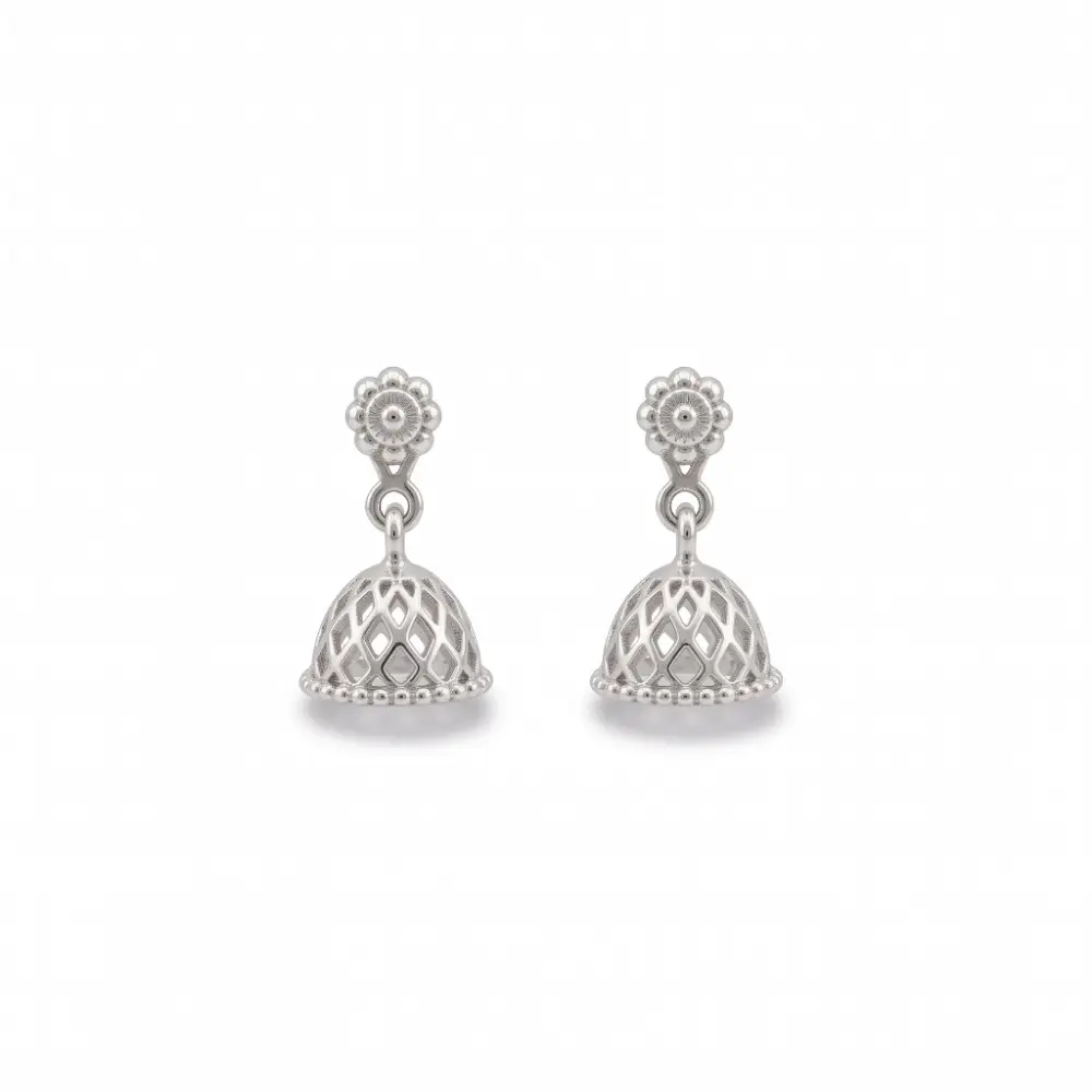 Small Silver Jhumka Earrings – 925 Jaali Dome Design Small silver jhumka earrings in 925 sterling silver with jaali dome and floral stud