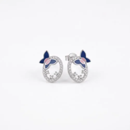 Front studio view of the blue butterfly stud earrings on a clean white background, showcasing the vibrant blue and pink enamel work along with the sparkling CZ stones.