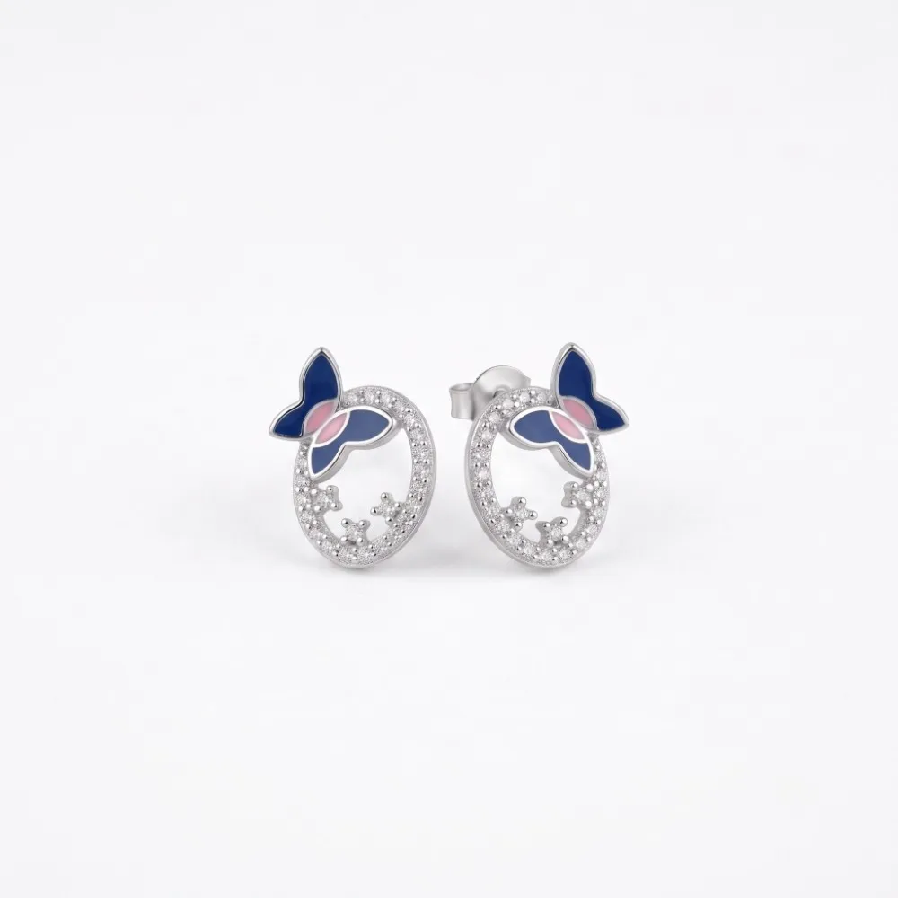 Blue Butterfly Stud Earrings Front studio view of the blue butterfly stud earrings on a clean white background, showcasing the vibrant blue and pink enamel work along with the sparkling CZ stones.