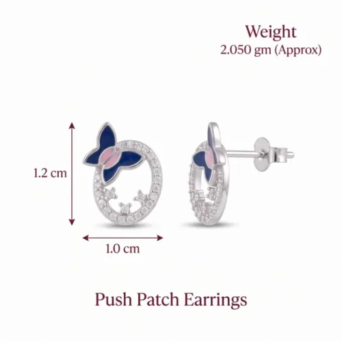Detailed specification image of the american diamond butterfly earrings silver, clearly displaying the 1.2 cm by 1.0 cm dimensions, 2.050 gm weight, and secure push patch closure.