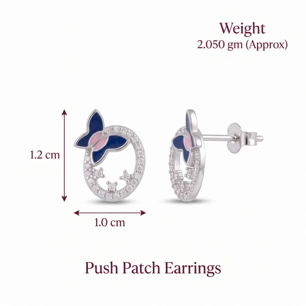 Silver Butterfly Earrings Specifications Detailed specification image of the american diamond butterfly earrings silver, clearly displaying the 1.2 cm by 1.0 cm dimensions, 2.050 gm weight, and secure push patch closure.