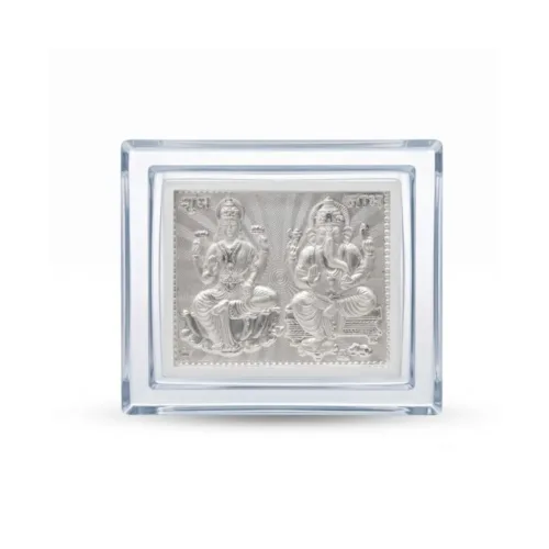 Front view of the small silver laxmi ganesh frame in 999 pure silver, protected by a premium horizontal acrylic case.