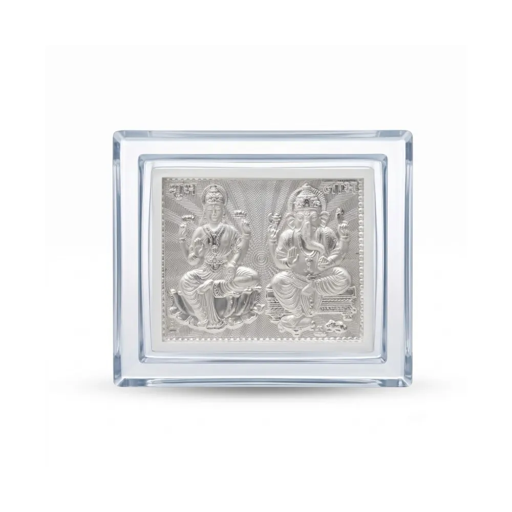Silver Laxmi Ganesh Frame Front view of the small silver laxmi ganesh frame in 999 pure silver, protected by a premium horizontal acrylic case.