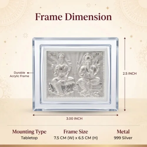 imensions of the acrylic silver laxmi ganesh frame showing a 3x2.5 inch size, ideal for Diwali pooja and decor.