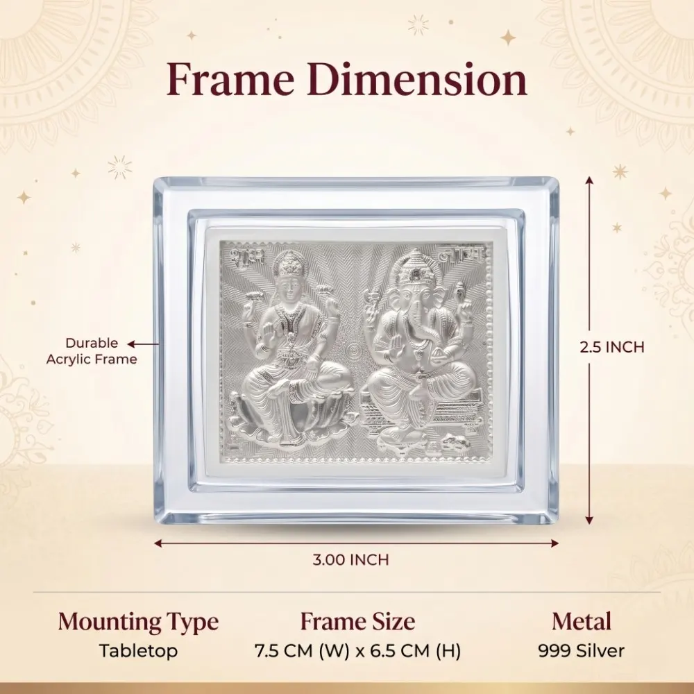 Laxmi Ganesh Frame Specs imensions of the acrylic silver laxmi ganesh frame showing a 3x2.5 inch size, ideal for Diwali pooja and decor.