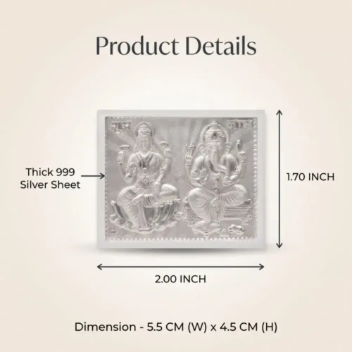 Detailed close-up of the 999 pure silver sheet inside the silver laxmi ganesh frame for diwali gift.