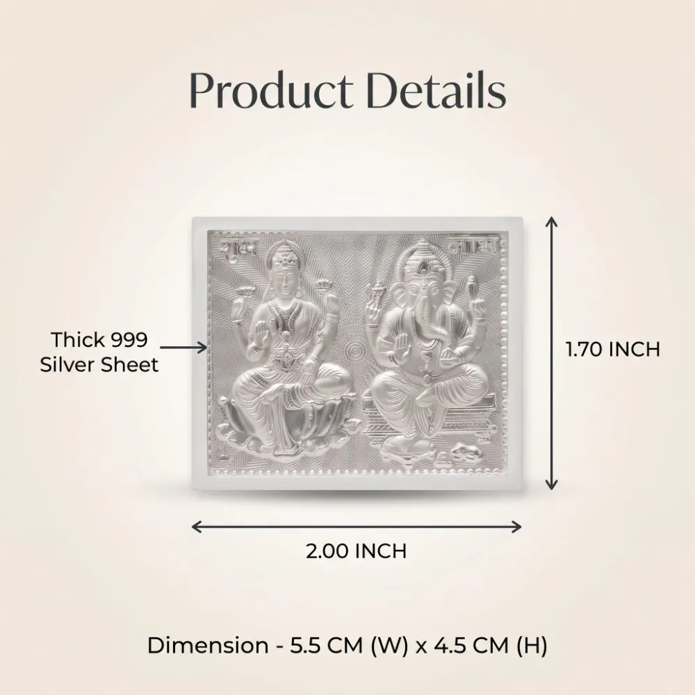 999 Silver Laxmi Ganesh Details Detailed close-up of the 999 pure silver sheet inside the silver laxmi ganesh frame for diwali gift.