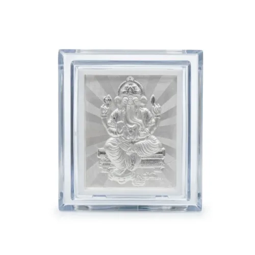 Front view of the small silver ganesh frame crafted in 999 pure silver, perfectly secured inside a clear acrylic case.