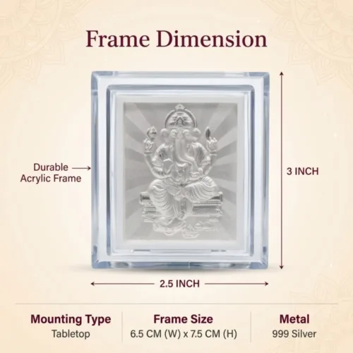 Dimensions of the acrylic silver ganesh frame showing a 2.5 by 3 inch size, making it an ideal tabletop accessory.