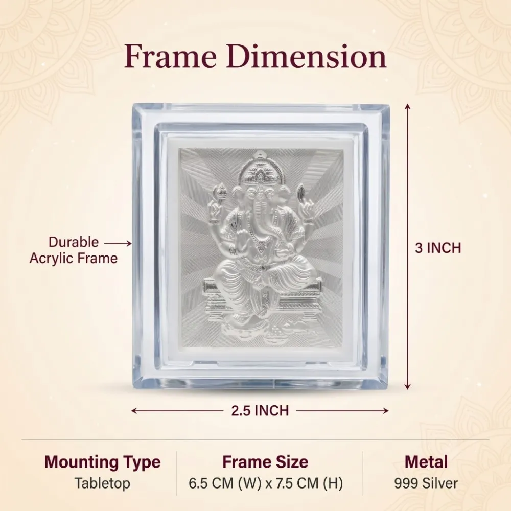 Acrylic Silver Ganesh Frame Specs Dimensions of the acrylic silver ganesh frame showing a 2.5 by 3 inch size, making it an ideal tabletop accessory.