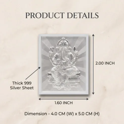 Detailed inner dimensions of the thick 999 pure silver sheet, perfect as a silver ganesh frame for return gift.