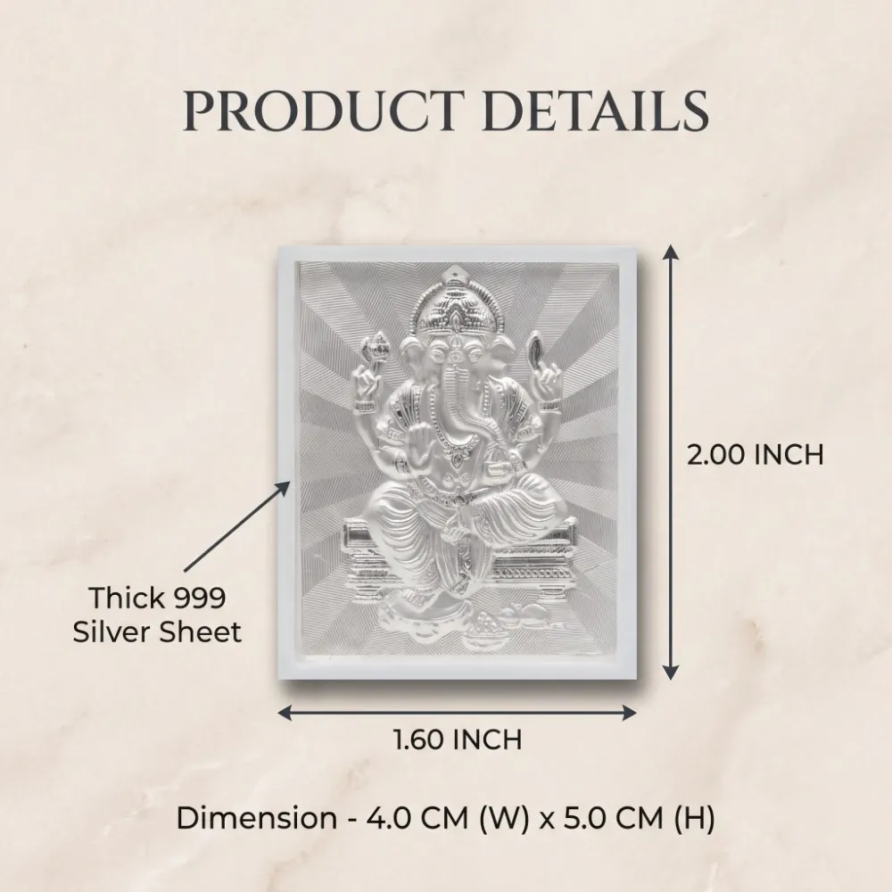 999 Pure Silver Ganesh Details Detailed inner dimensions of the thick 999 pure silver sheet, perfect as a silver ganesh frame for return gift.