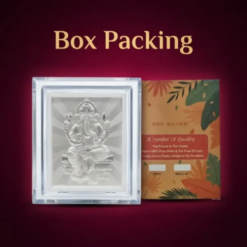 Premium box packing of the small silver ganesh frame, making it a ready-to-present silver ganesh frame for return gift.