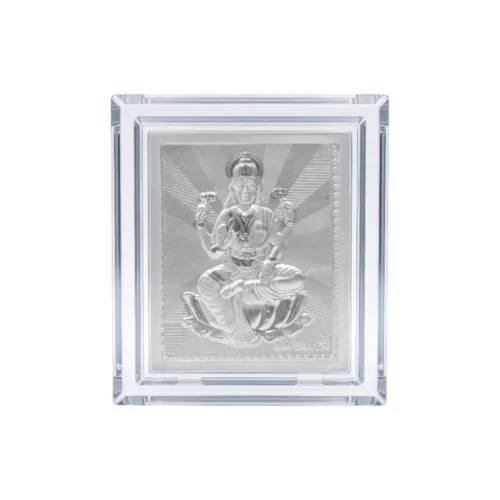 Small silver Laxmi frame in 999 pure silver with clear acrylic frame, front view
