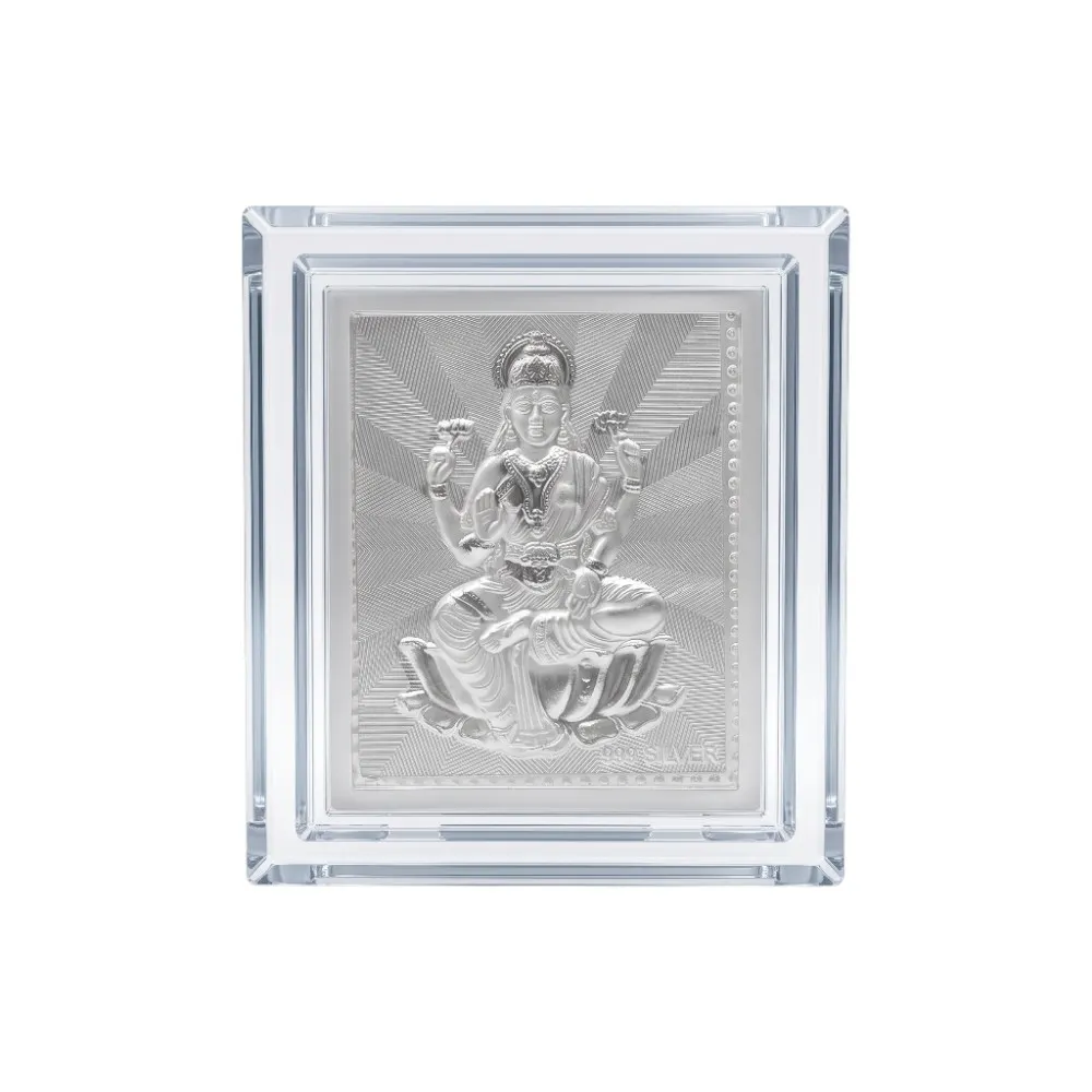 Small Silver Laxmi Frame – 999 Pure Silver Acrylic Small silver Laxmi frame in 999 pure silver with clear acrylic frame, front view