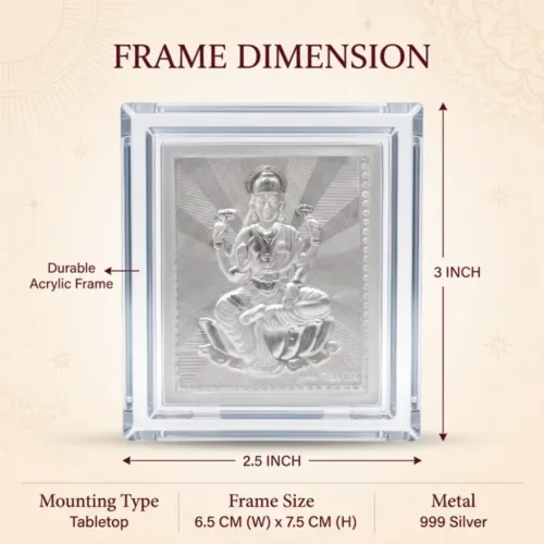 Silver Laxmi frame size guide: 6.5 cm wide, 7.5 cm tall acrylic tabletop frame in 999 silver