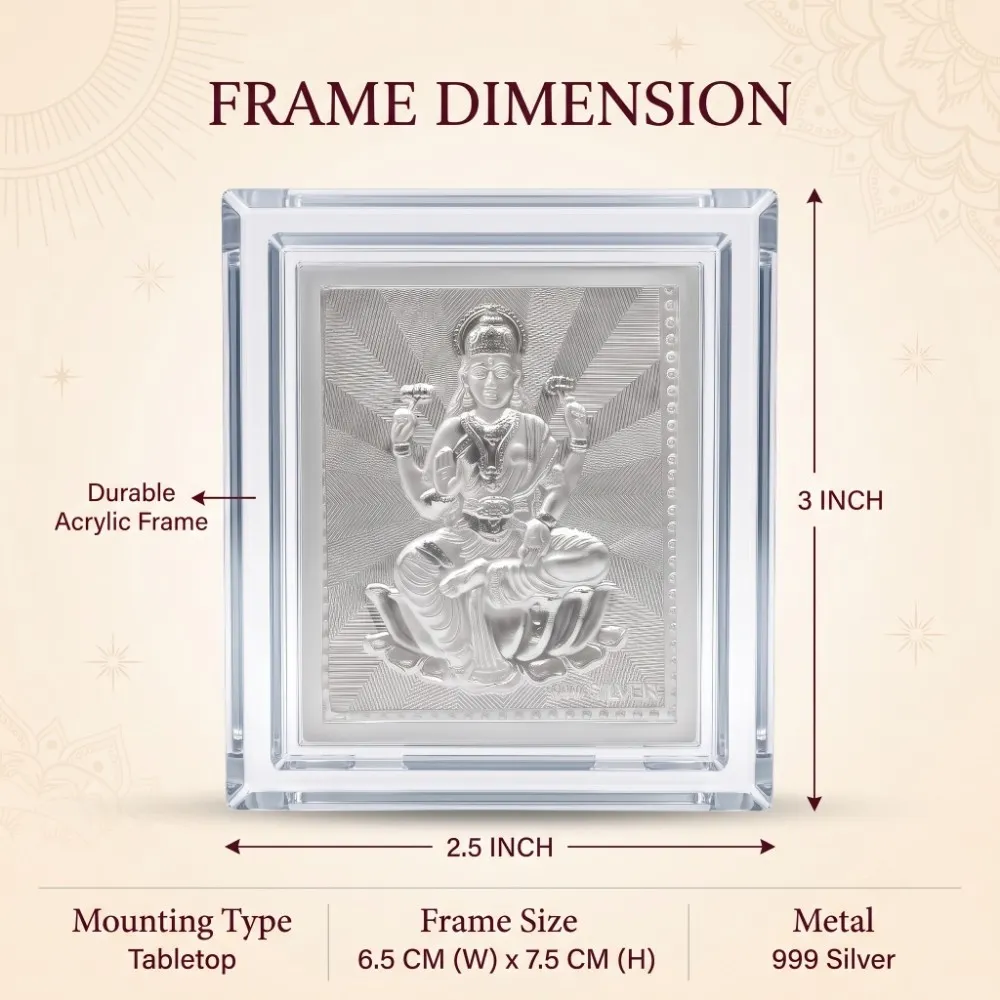 Silver Laxmi Frame Size – 2.5×3 Inch Silver Laxmi frame size guide: 6.5 cm wide, 7.5 cm tall acrylic tabletop frame in 999 silver