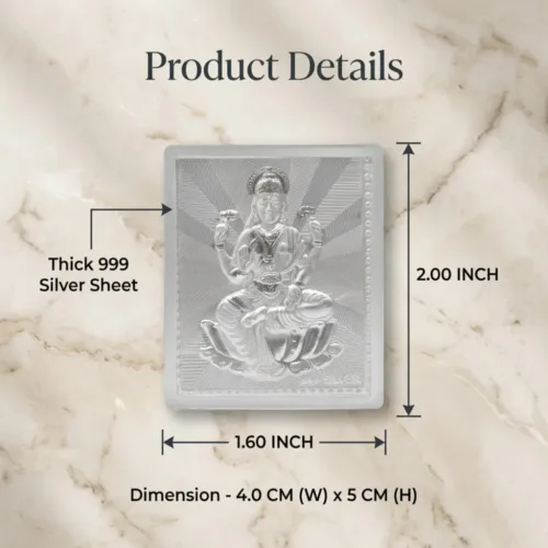 999 silver Laxmi panel, 4 cm wide and 5 cm tall, thick silver sheet with sunburst background