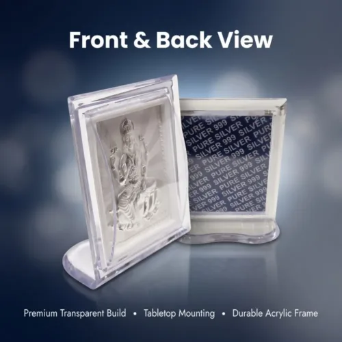 Acrylic silver Laxmi frame front and back view with Pure Silver 999 print and tabletop stand