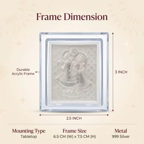 Dimensions of the acrylic silver radha krishna frame showing its 2.5 by 3 inch size, perfect for a car dashboard.