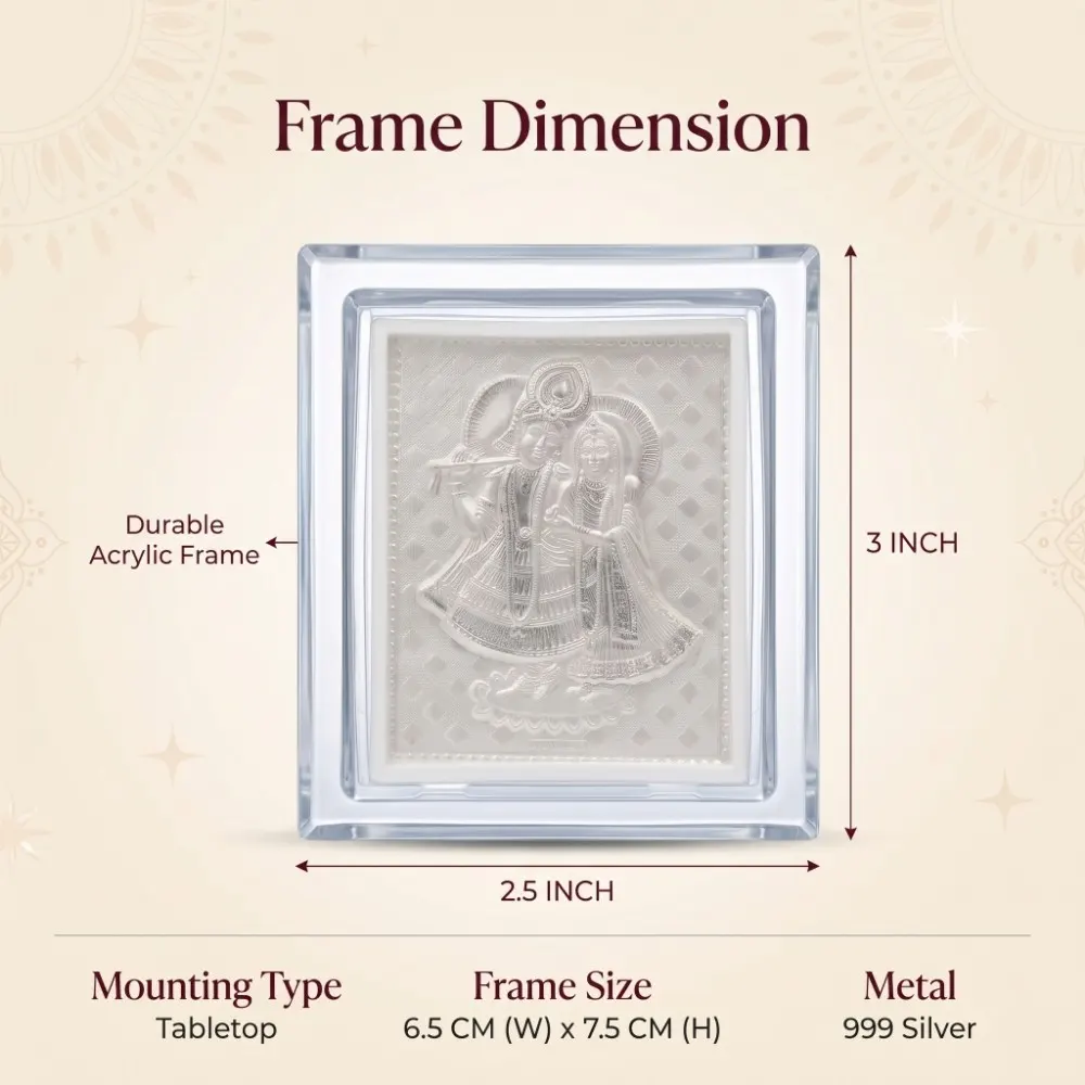 Silver Radha Krishna Frame Specs Dimensions of the acrylic silver radha krishna frame showing its 2.5 by 3 inch size, perfect for a car dashboard.