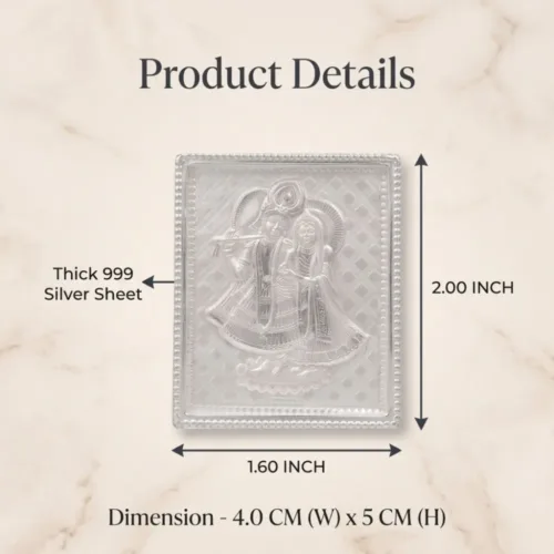 Close-up of the 999 pure silver sheet detailing the beautiful divine posture of Radha Krishna inside the acrylic frame.